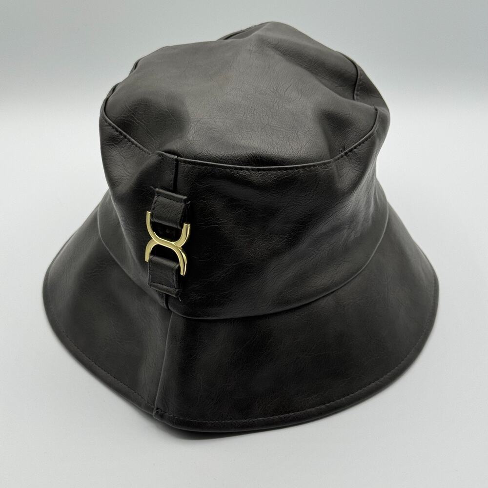 BCBG Max Azria Bucket Hat Dark Brown OS Faux Leather Gold Accent Hip-Hop Y2K